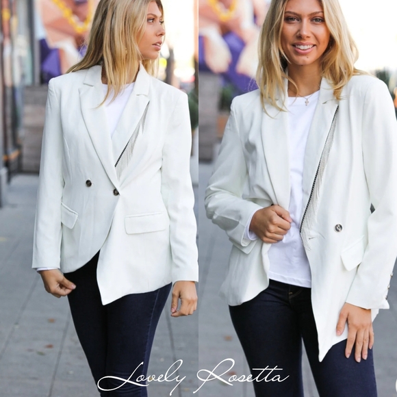 White Tailored Fringe Trim Blazer - Picture 1 of 10